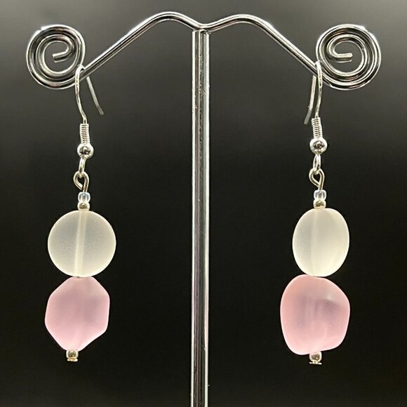Sea Glass Earrings White and Pink Handmade - Picture 5 of 5